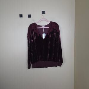 Gold Hawk Silk Velvet Lace Deep V-Neck Pullover Blouse in Burgundy Size M